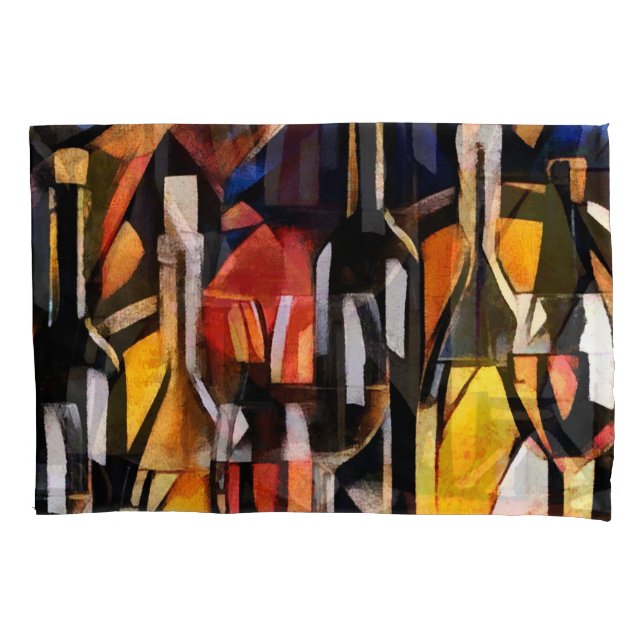 Cubism Wine Themes: Bottles & Grapes Pillow Case (Front)
