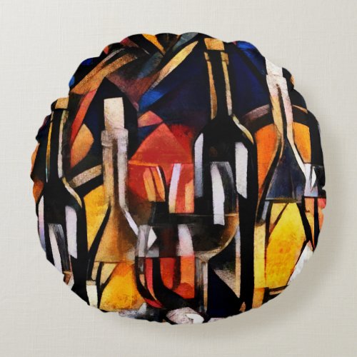 Cubism Wine Themes Bottles  Grapes Round Pillow