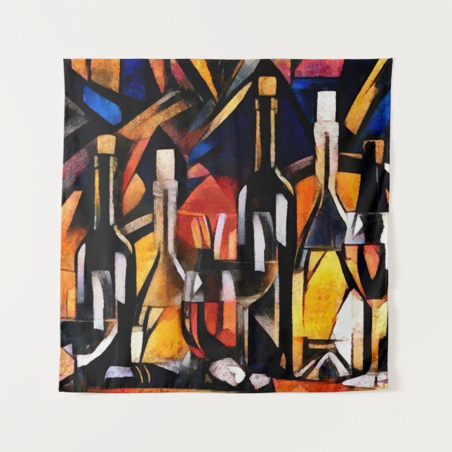 Cubism Wine Themes: Bottles & Grapes Tapestry (Front)