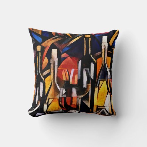 Cubism Wine Themes Bottles  Grapes Throw Pillow