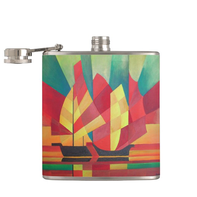Cubist Abstract of Junk Sails and Ocean Skies Flask (Opened)