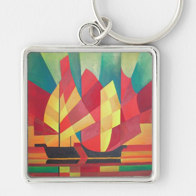 Cubist Abstract of Junk Sails and Ocean Skies Keychain (Front)