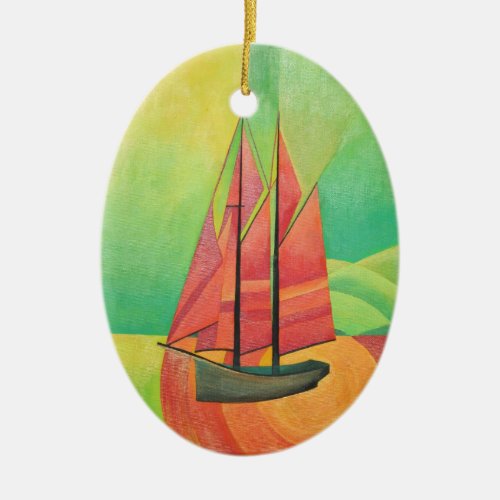 Cubist Abstract Sailing Boat Geometric Art Ceramic Ornament