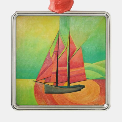 Cubist Abstract Sailing Boat Geometric Art Metal Ornament