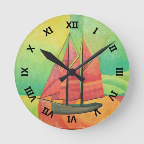 Cubist Abstract Sailing Boat Geometric Art Round Clock