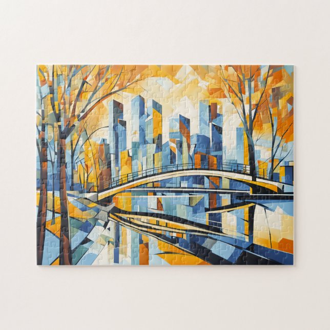 Cubist Autumn Bridge in Cityscape Jigsaw Puzzle (Horizontal)