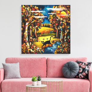 Cubist Autumn Forest with River and Meadow Canvas Print