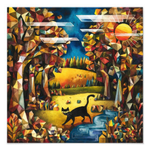 Cubist Autumn Forest with River and Meadow Photo Print