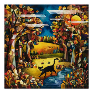 Cubist Autumn Forest with River and Meadow Poster