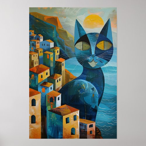 Cubist Blue Cats Mediterranean Seascape Art Poster