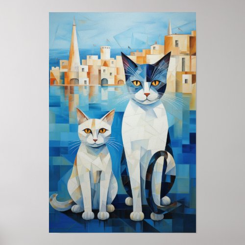 Cubist Blue Cats Mediterranean Seascape Art Poster