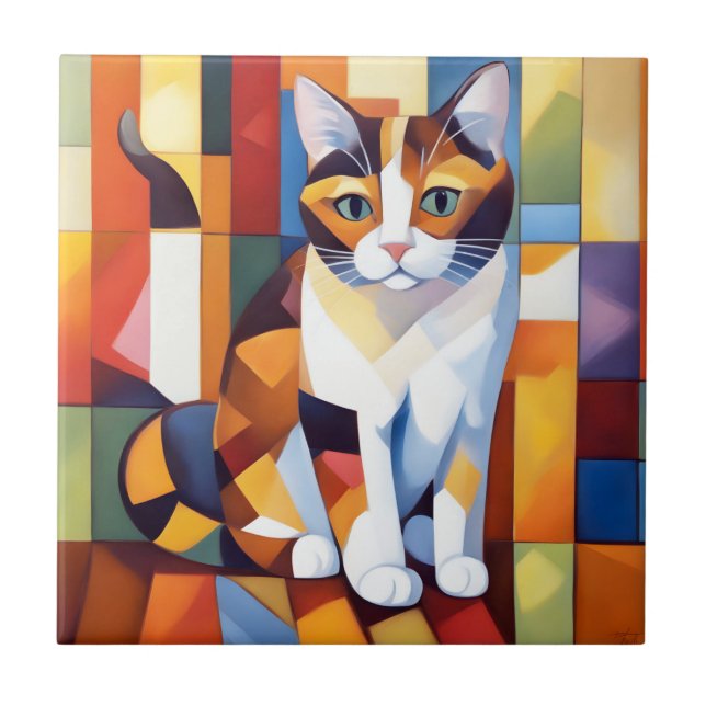 Cubist Calico Cat Art Ceramic Tile (Front)