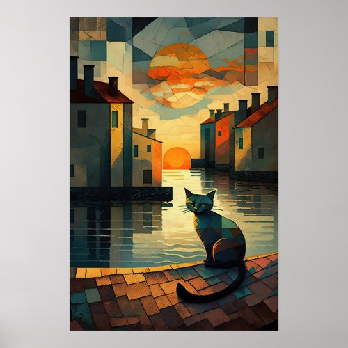 Cubist Cat Sunset on Venetian Waters Poster