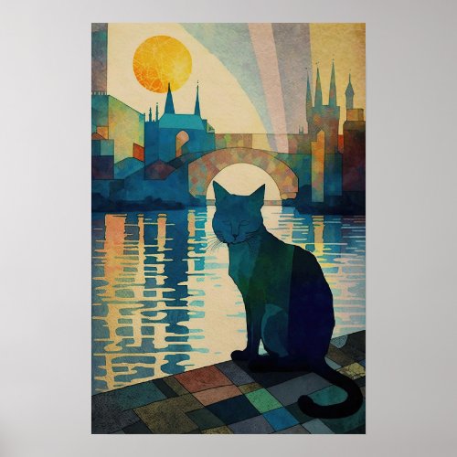 Cubist Cat Watching Sunset over Luminous Waters Poster