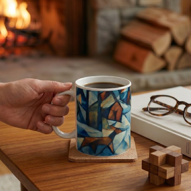 Cubist Expressionist Winter Village Mug (Lifestyle Shot)