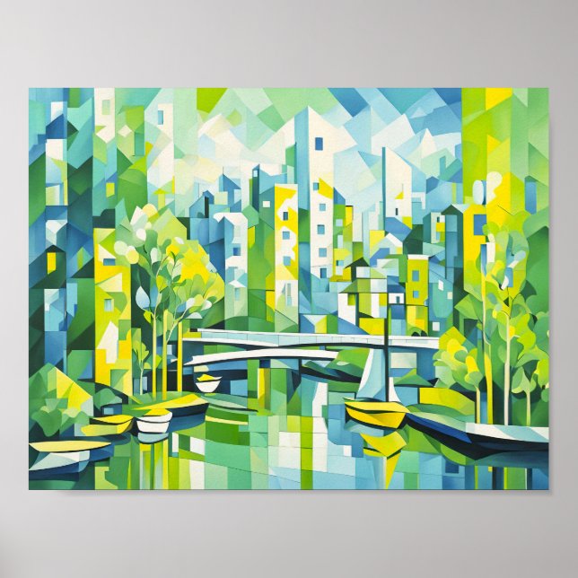 Cubist Green City with Bridge Poster (Front)