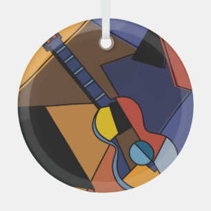 Cubist Guitar Surrealism Painting. Glass Ornament