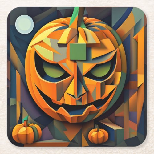 Cubist Halloween Jack O Lantern Pumpkin Square Paper Coaster