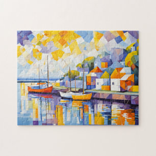 Cubist Harbor Scene with Boats Jigsaw Puzzle