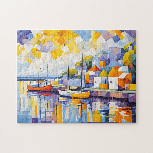 Cubist Harbor Scene with Boats Jigsaw Puzzle (Horizontal)