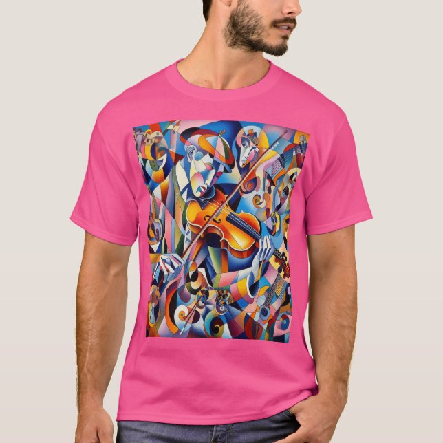 Cubist Melody: Violinist's Colorful Expression T-Shirt (Front)