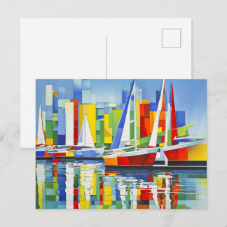 Cubist Sailboats in Colorful Harbor Postcard
