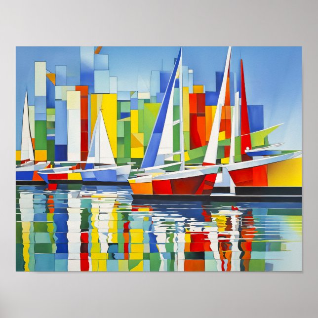 Cubist Sailboats in Colorful Harbor Poster (Front)
