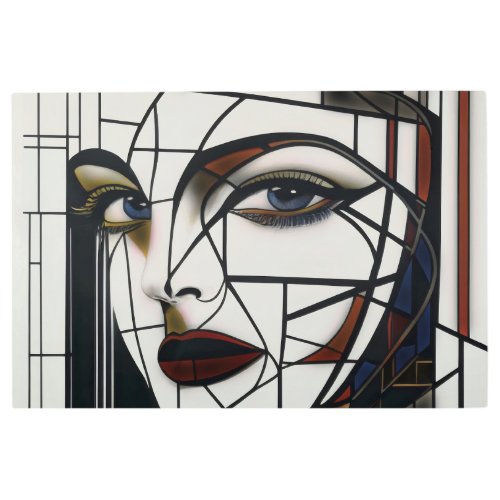 Cubist Woman Portrait Stained Glass Metal Print