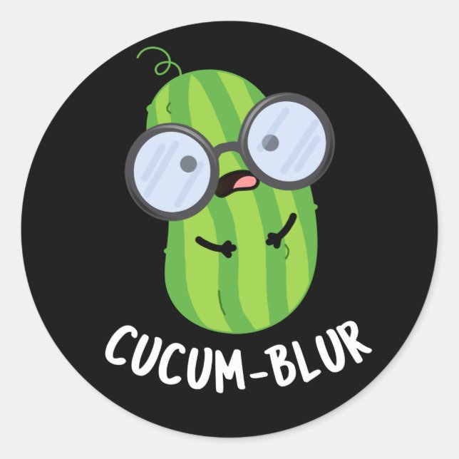 Cucum-blur Funny Veggie Cucumber Pun Dark BG Classic Round Sticker (Front)