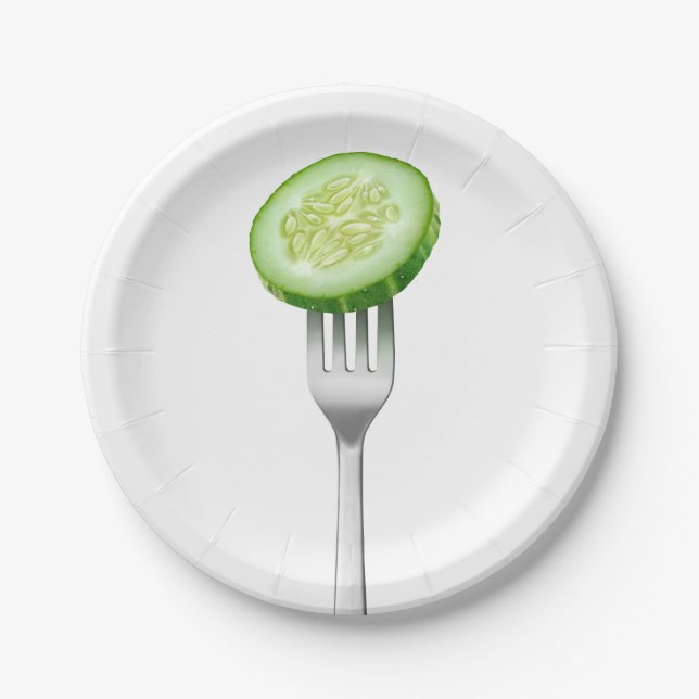 Cucumber slice on a fork paper plates (Front)