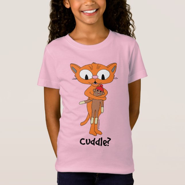 cuddle? Cute Orange Cartoon Cat with Sock Monkey T-Shirt (Front)