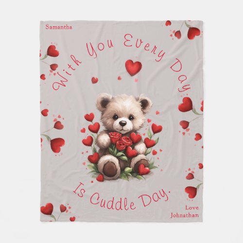 Cuddle Teddy Bear Hearts Roses Valentines Day Fleece Blanket