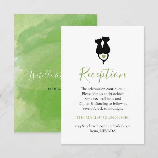 Cuddling Black Cats Loving Green Heart Reception Enclosure Card (Front/Back)