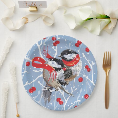 Cuddling Chickadees Christmas  BlueRed Paper Plates