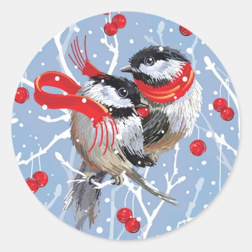 Cuddling Chickadees Christmas Classic Round Sticker
