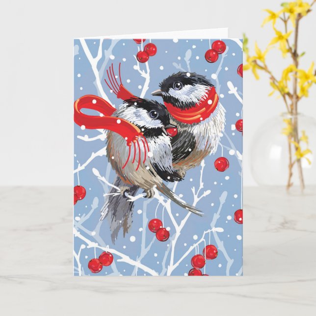 Cuddling Chickadees Christmas Note Card (Yellow Flower)