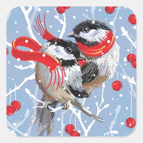 Cuddling Chickadees Christmas Square Sticker