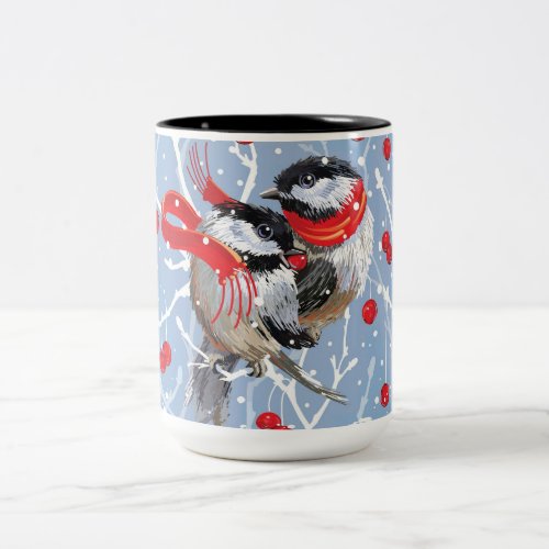 Cuddling Chickadees Christmas Sweethearts Two_Tone Coffee Mug