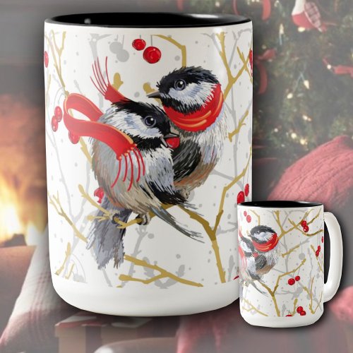 Cuddling Chickadees Christmas Sweethearts Two_Tone Coffee Mug