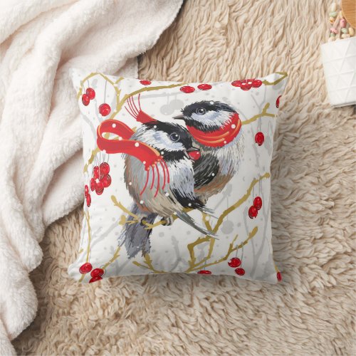 Cuddling Chickadees Christmas  White Throw Pillow