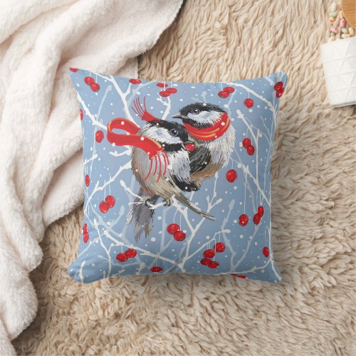 Cuddling Chickadees Couple Christmas Throw Pillow