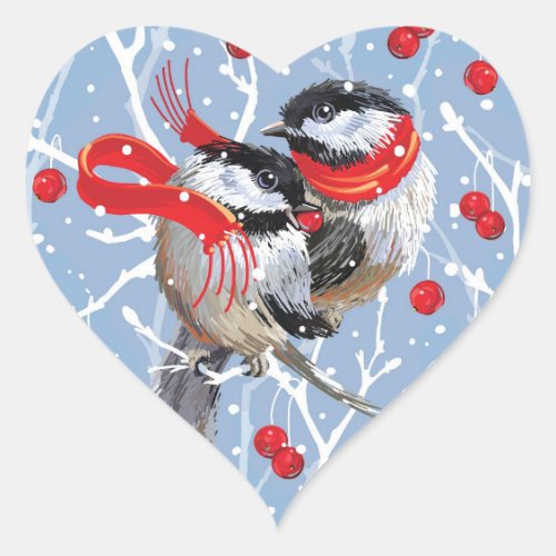 Cuddling Chickadees Love Christmas Heart Sticker