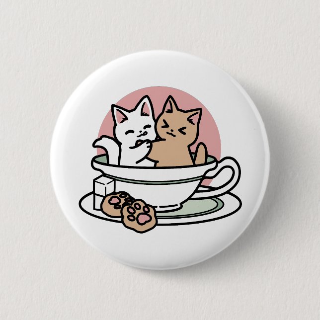 Cuddling Kitties in a Cup - Adorable Tea Time Button (Front)