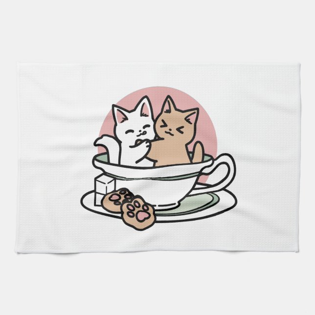 Cuddling Kitties in a Cup - Adorable Tea Time Kitchen Towel (Horizontal)