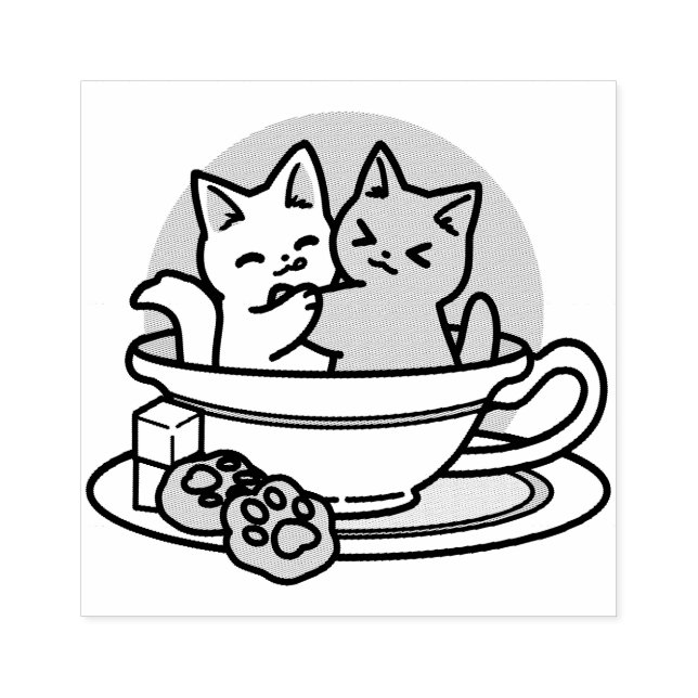 Cuddling Kitties in a Cup - Adorable Tea Time Rubber Stamp (Imprint)