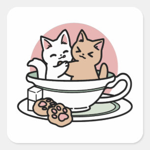 Cuddling Kitties in a Cup - Adorable Tea Time Square Sticker
