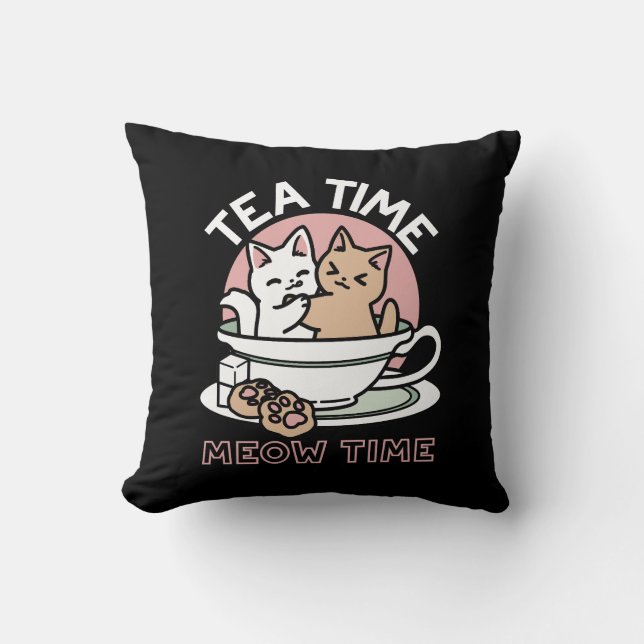 Cuddling Kitties in a Cup - Adorable Tea Time Throw Pillow (Front)