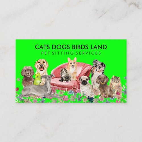 Cuddly Animals on a Red Couch Green Background Business Card