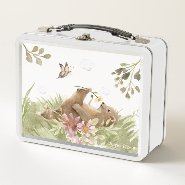 *~* Cuddly Bear Relaxing Smelling  Flower  Forest Metal Lunch Box (Front)
