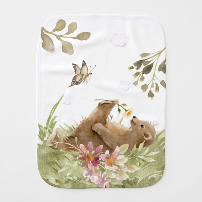*~* Cuddly Bear Relaxing Smelling  Flower in Woods Baby Burp Cloth (Front)